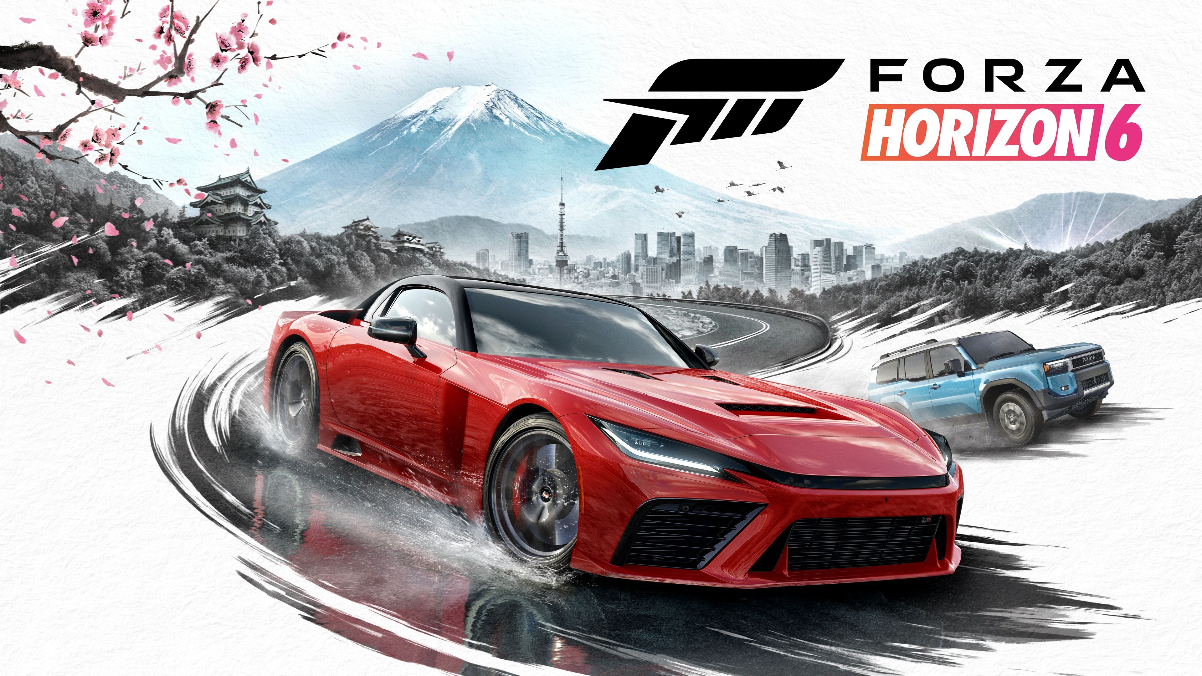 Forza Horizon 6 官方主视觉:红色 GR GT、富士山与日本城市风景